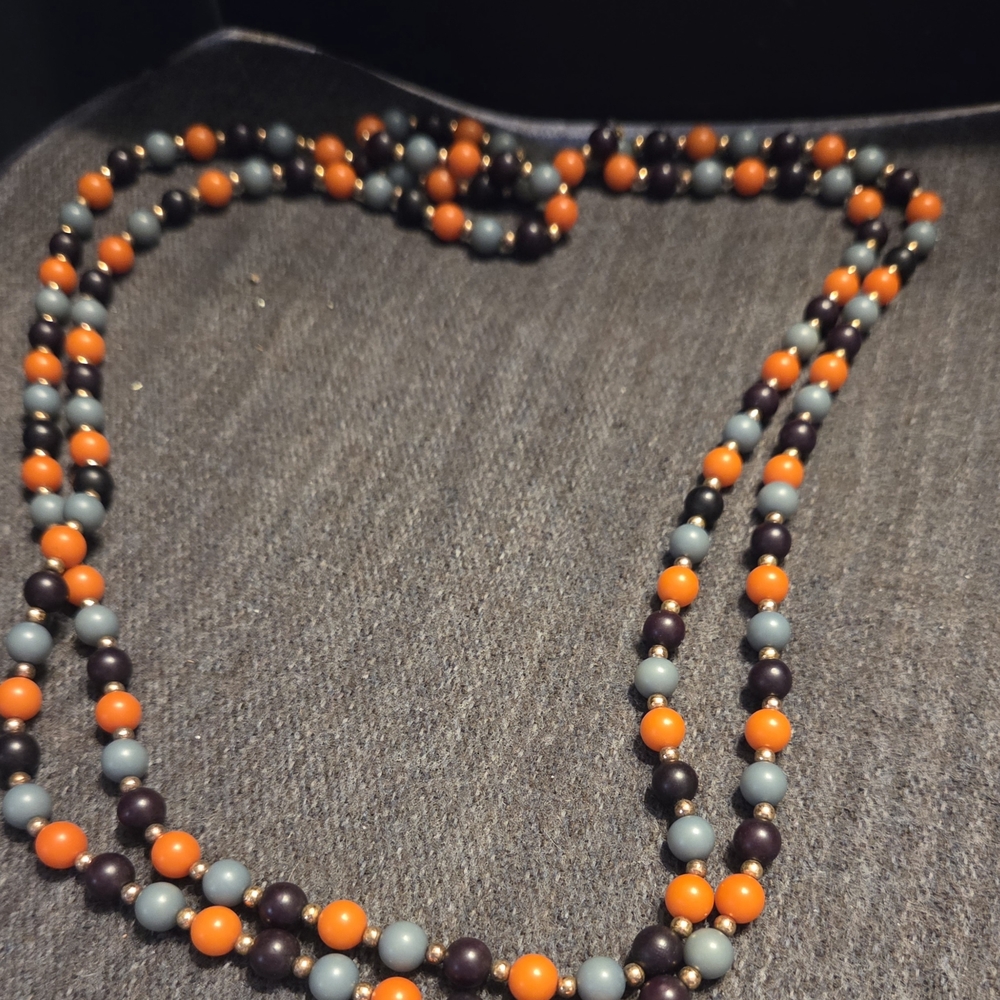 Vintage Double Strand‎ Beaded Necklace Orange Blue Gray Mid Century